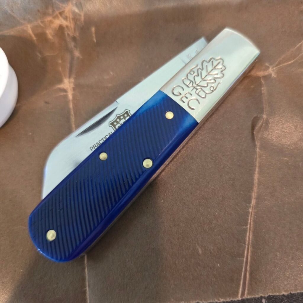 Great Eastern Cutlery #863125 SS Navy Blue Sawcut Bone very gently used knife for sale