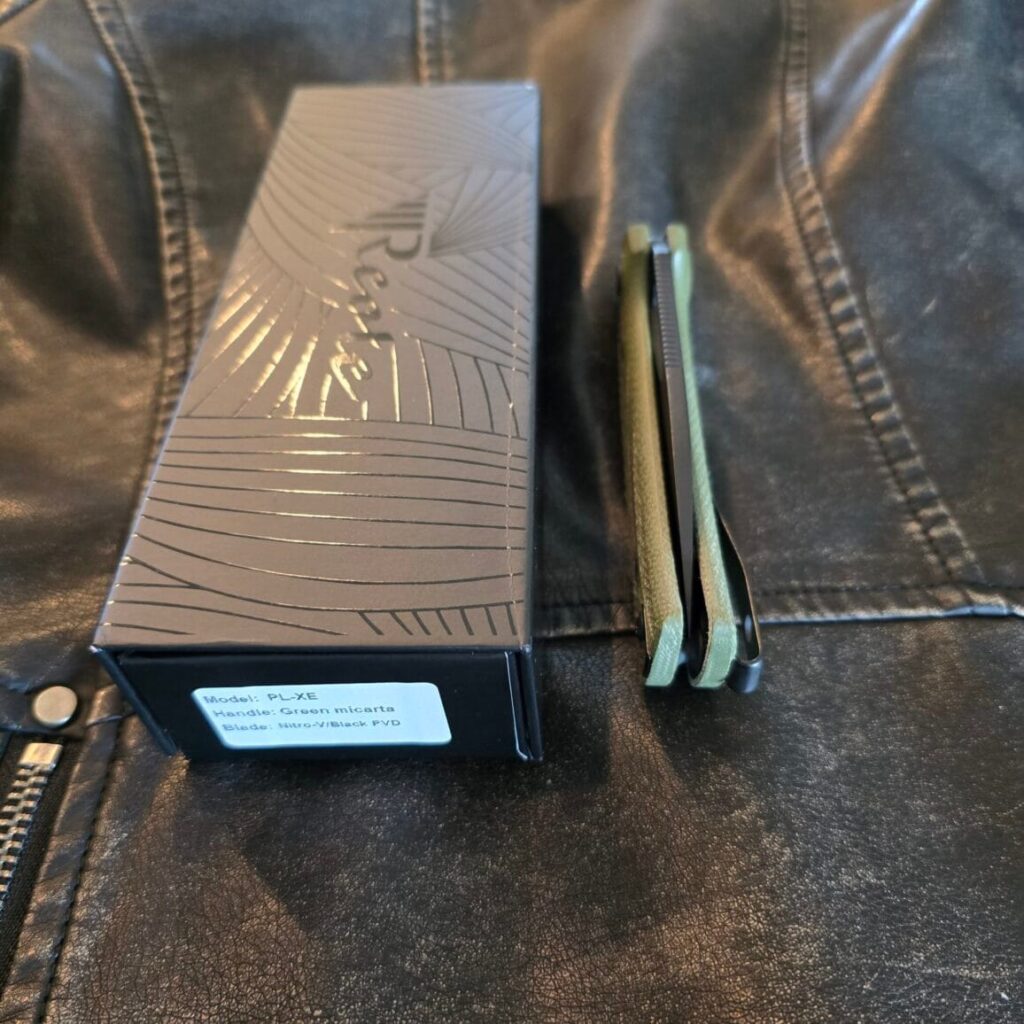 Reate PL-XE Folding Knife Green Micarta Handle Nitro-V Plain Edge Black PVD Finish knife for sale