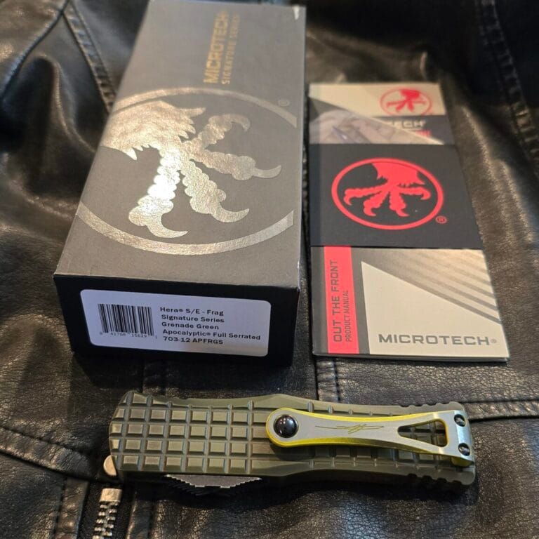 Microtech Herra S/E Frag Signature Series Grenade Green Apocalyptic Full Serrated 703-12 APFRGS