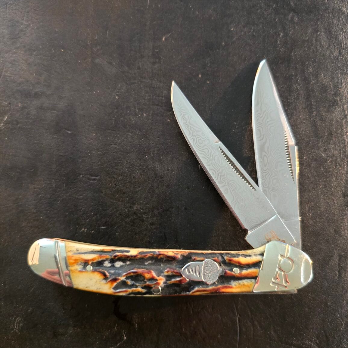 Rough Ryder Cinnamon Bone Stag Knife-Damascus Steel Blades