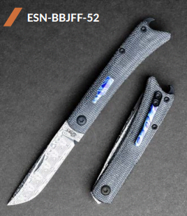 Esnyx BEER BUSTER JR. FRONT FLIPPER Damasteel Etched Finish, Black PVD Titanium, Black Micarta Handles knife for sale
