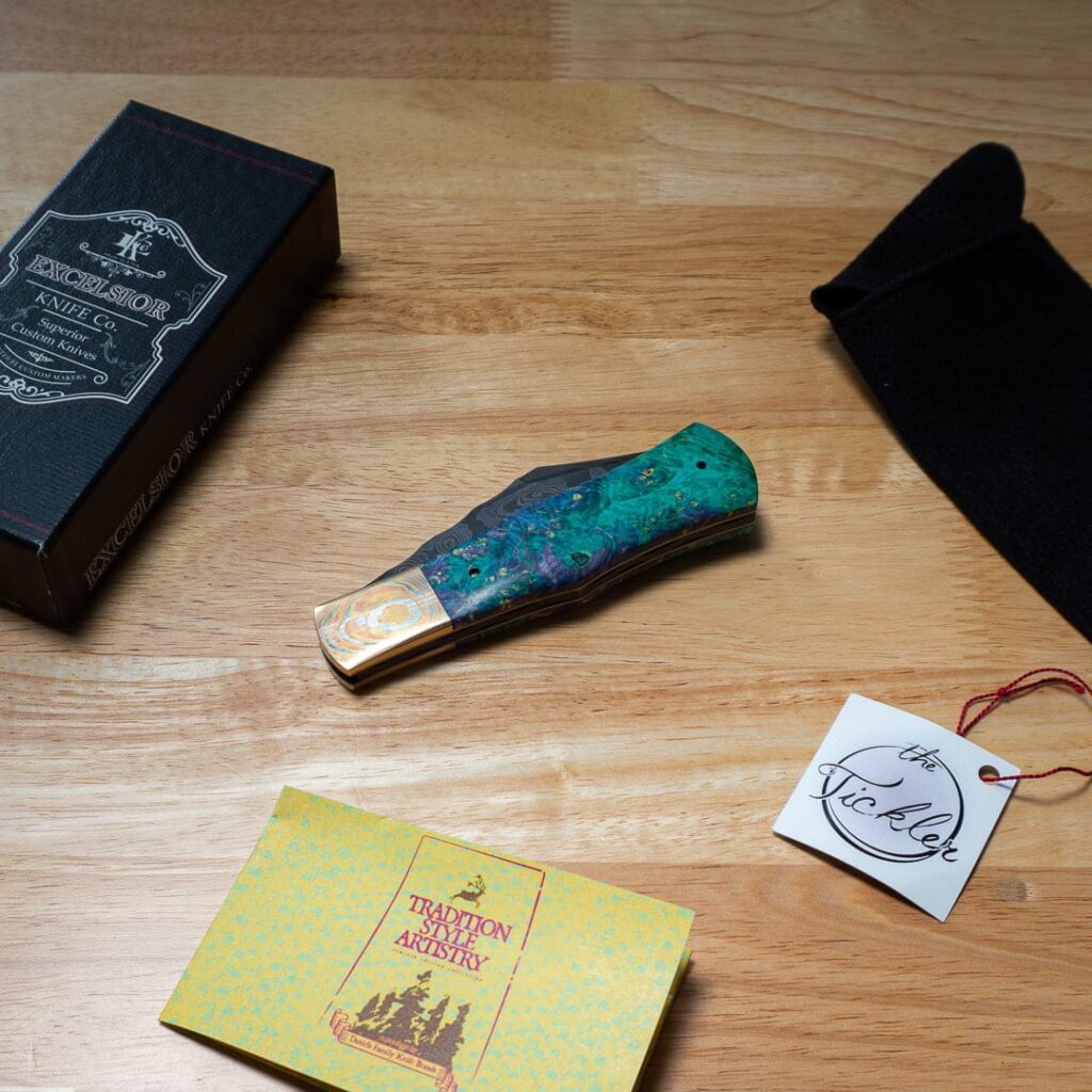 Excelsior Knife Co. TSA Exclusive Cosmos Box Elder Mokume Bolster Damascus Folder 1 of 1 Designed By Chuck Hawes knife for sale