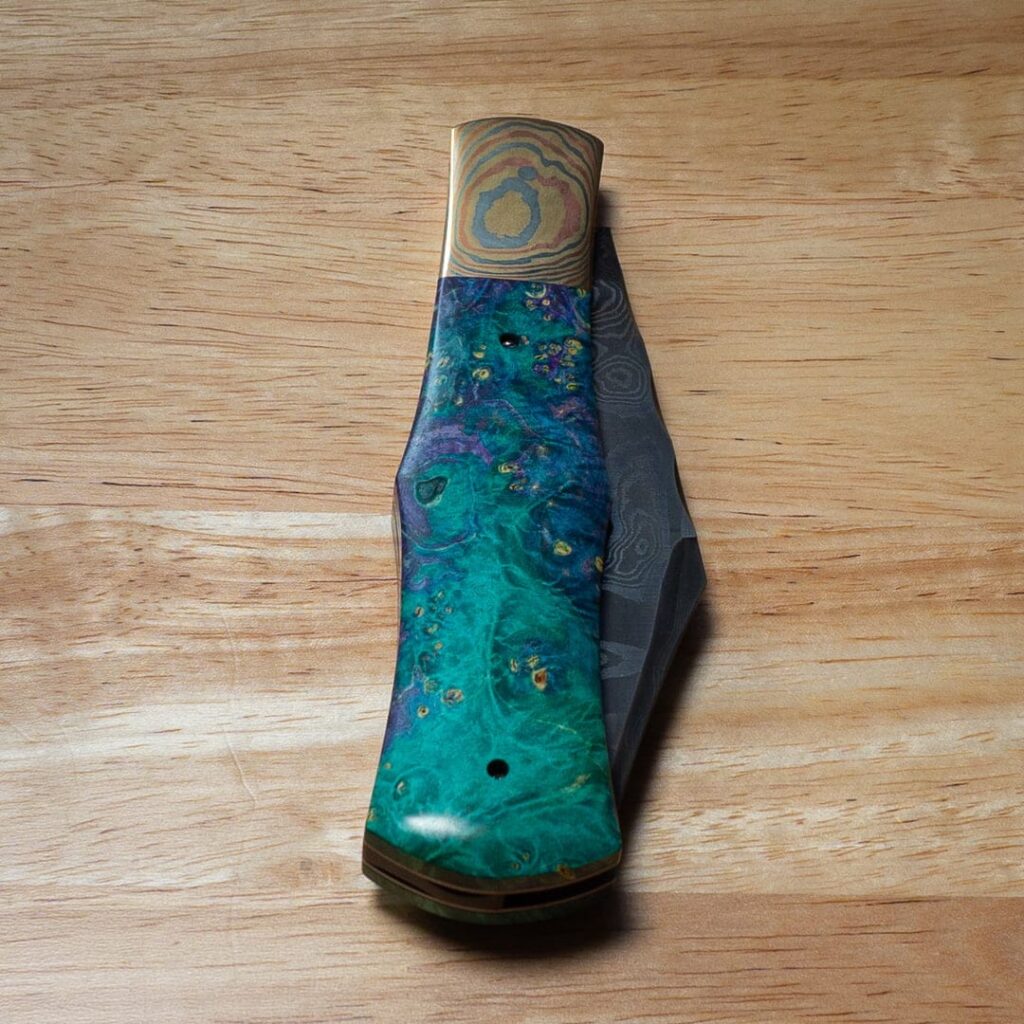 Excelsior Knife Co. TSA Exclusive Cosmos Box Elder Mokume Bolster Damascus Folder 1 of 1 Designed By Chuck Hawes knife for sale