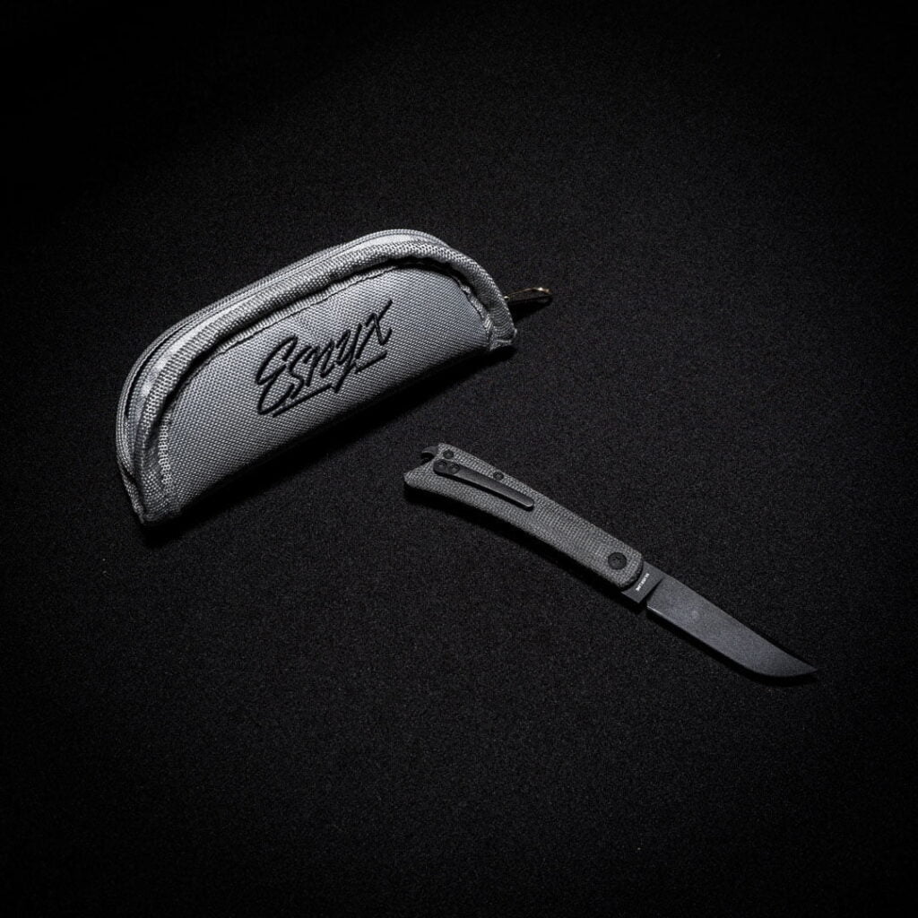 Esnyx BEER BUSTER JR. FRONT FLIPPER M390 Black PVD Finish Blade, Black Micarta Handle with Blasted Titanium Bottle Inlay knife for sale