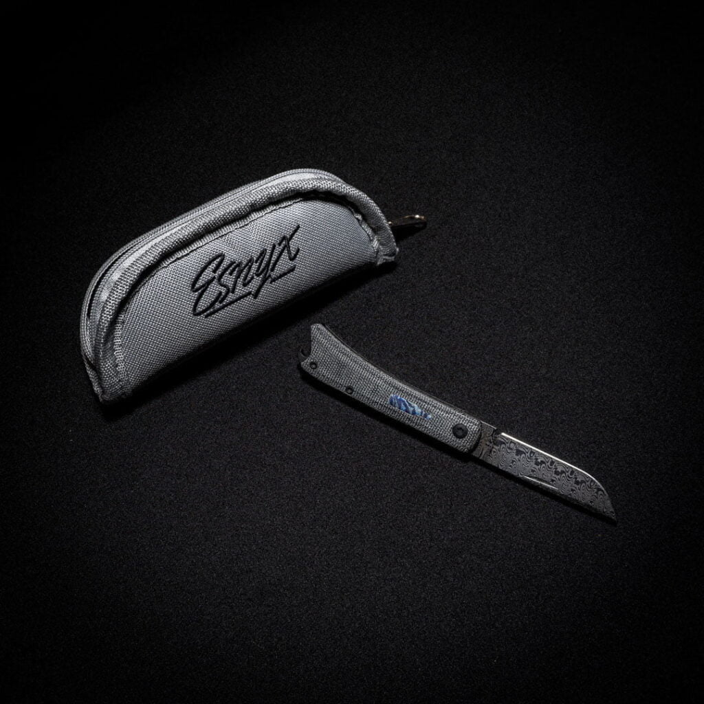 Esnyx BEER BUSTER JR. FRONT FLIPPER Damasteel Etched Finish, Black PVD Titanium, Black Micarta Handles knife for sale