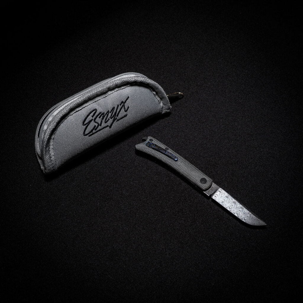 Esnyx BEER BUSTER JR. FRONT FLIPPER Damasteel Etched Finish, Black PVD Titanium, Black Micarta Handles knife for sale