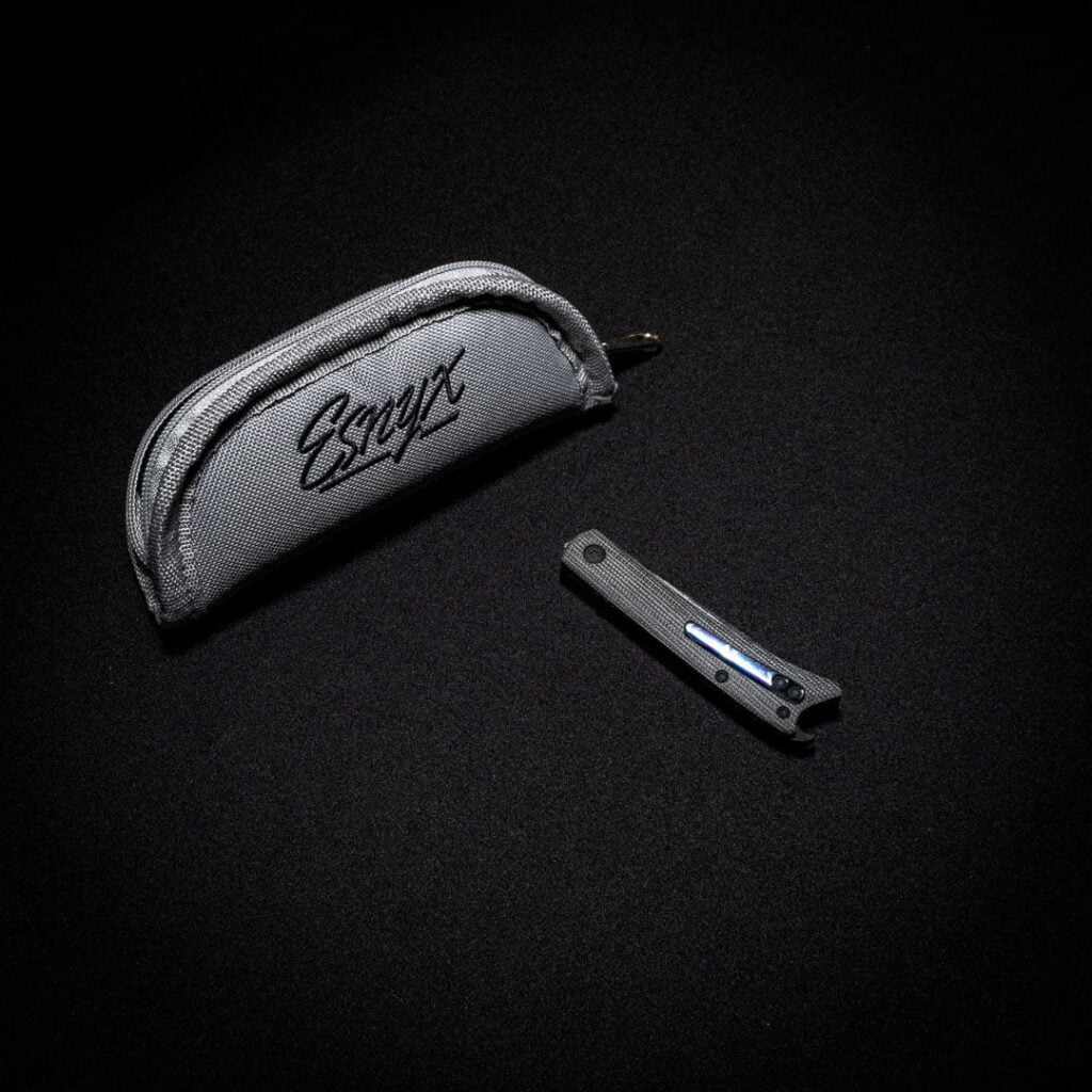 Esnyx BEER BUSTER JR. FRONT FLIPPER Damasteel Etched Finish, Black PVD Titanium, Black Micarta Handles knife for sale