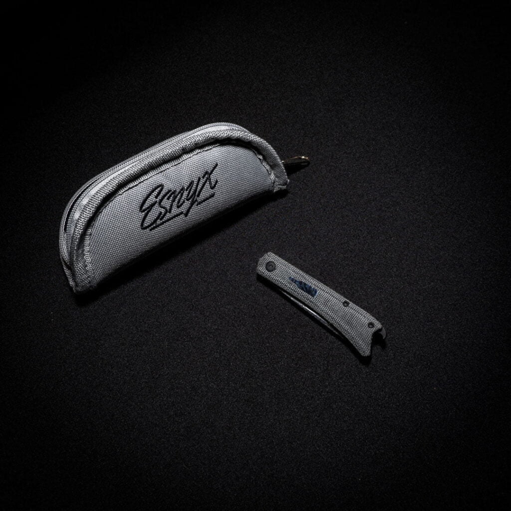 Esnyx BEER BUSTER JR. FRONT FLIPPER Damasteel Etched Finish, Black PVD Titanium, Black Micarta Handles knife for sale