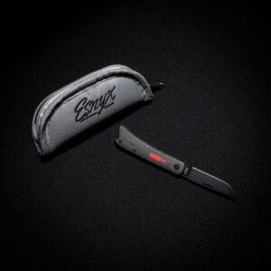 Esnyx BEER BUSTER JR. FRONT FLIPPER M390 Black PVD Finish Blade Handle: Black PVD Titanium, Black Micarta Handle with a Red G10 Bottle, PVD Clip