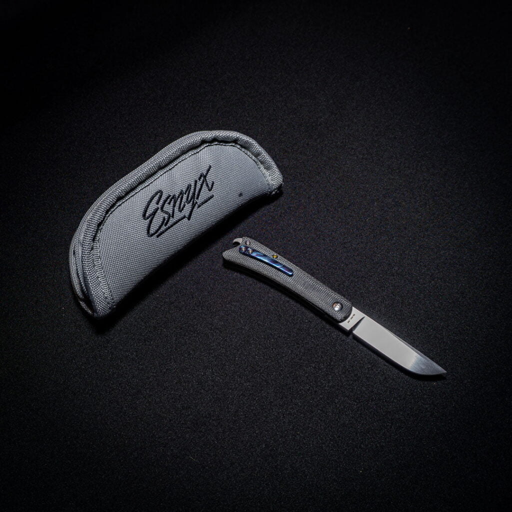 Esnyx BEER BUSTER JR. FRONT FLIPPER M390 Hand Rubbed Satin Finish Blade Handle: Bead Blast Titanium, Black Micarta Handle with a Blasted Titanium Bottle Inlay, Mokuti Clip – gallery image 2