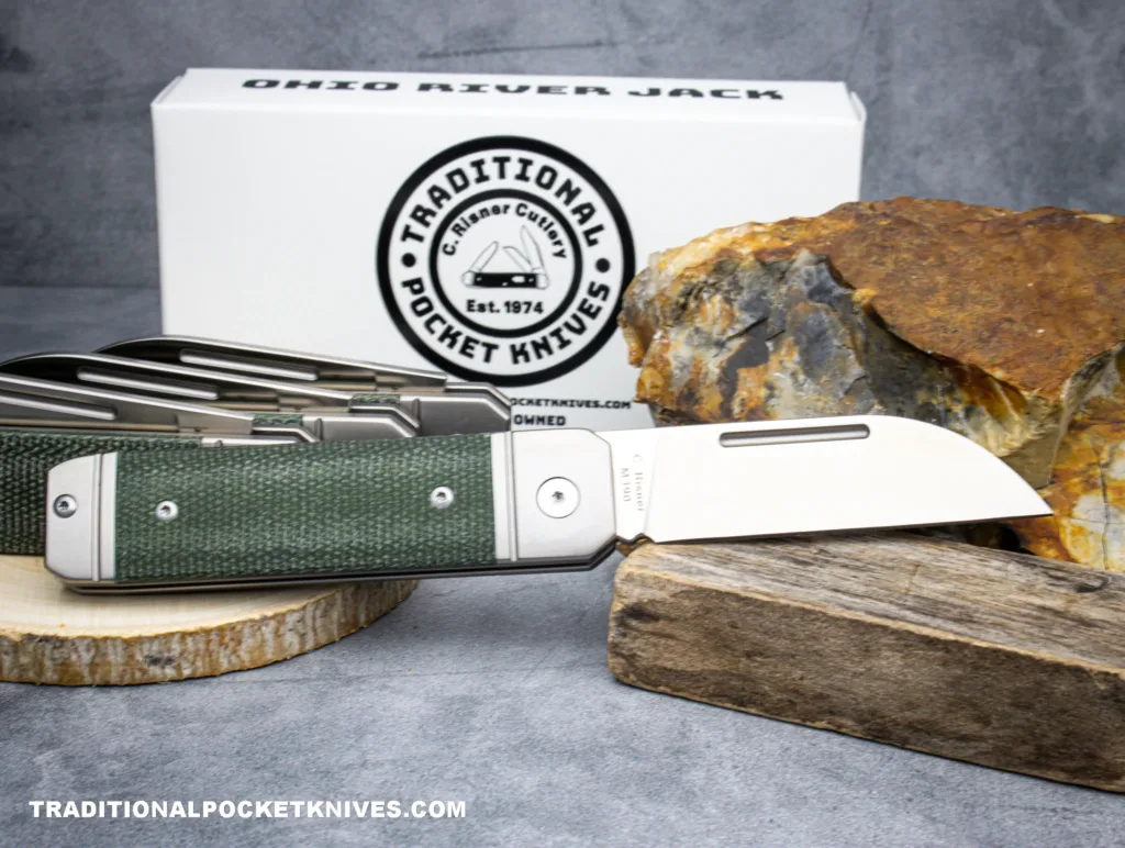 C Risner Ohio River Jack Single Wharncliffe Green Canvas Micarta – gallery image 6