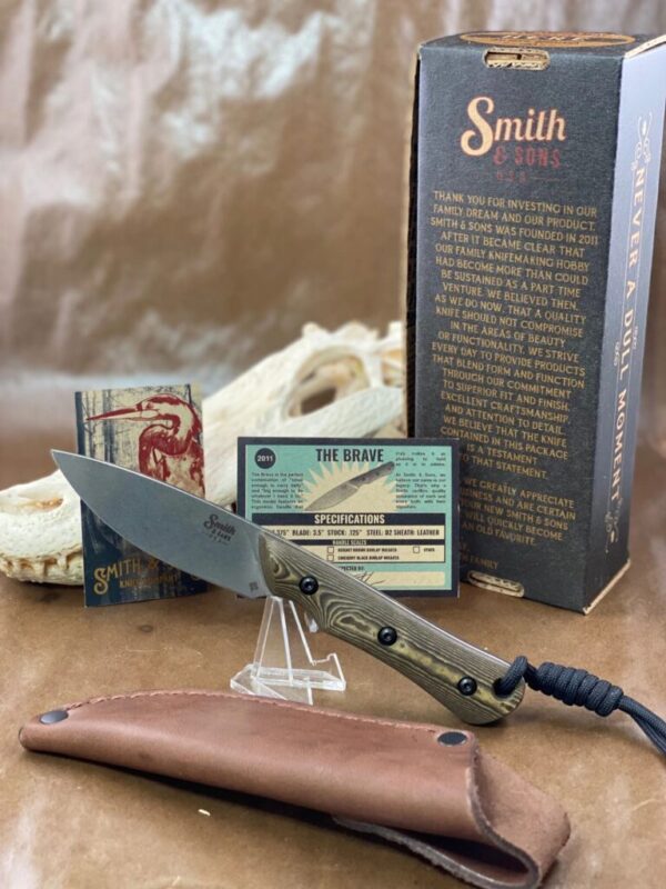 Smith & Sons BRAVE D2 Fixed Blade in Maple/Black Richlite with Leather Sheath knives for sale