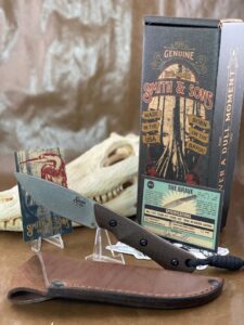 Smith & Sons BRAVE D2 Fixed Blade in Brown Burlap Micarta with Leather Sheath knives for sale
