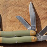 Pair of Rough Rider RR2147 Classic G10 Stockman knives with Satin finish blades and matchstrike pulls in Green & Tan G10 knives for sale