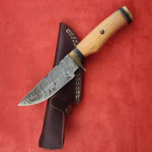 Wood and Damascus Fixed blade with Leather Sheath (used) knife for sale