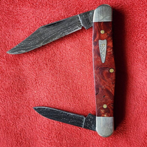Case XX Red Orange Maple Burl Wood Smooth Half Whittler 7208 in Damascus – gallery image 1