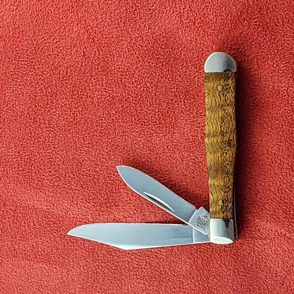 Case XX Red Orange Maple Burl Wood Smooth Half Whittler 7208 in Damascus – gallery image 24