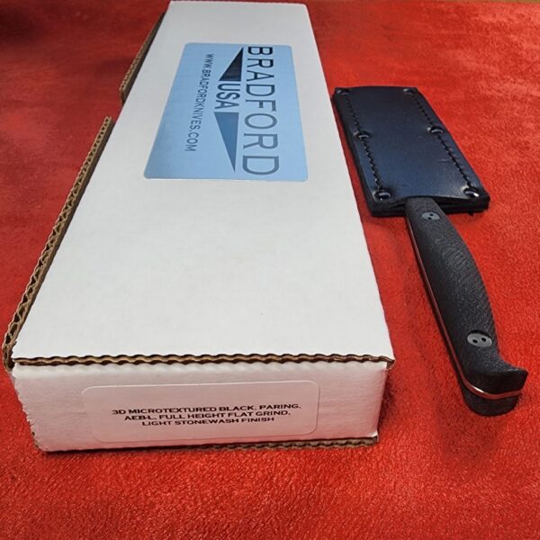 Bradford Paring Knife in 3D Microtextured Black G-10 and AEB-L Steel with Leather Sheath - Image 4