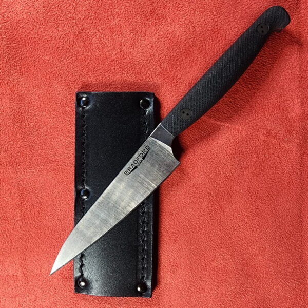 Bradford Paring Knife in 3D Microtextured Black G-10 and AEB-L Steel with Leather Sheath - Image 3