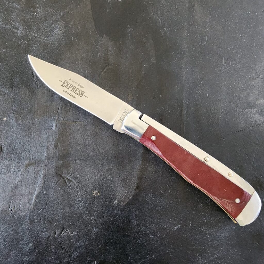 Schatt & Morgan Express in Red Linen Micarta Folding Knife with Push Button opening. – gallery image 2