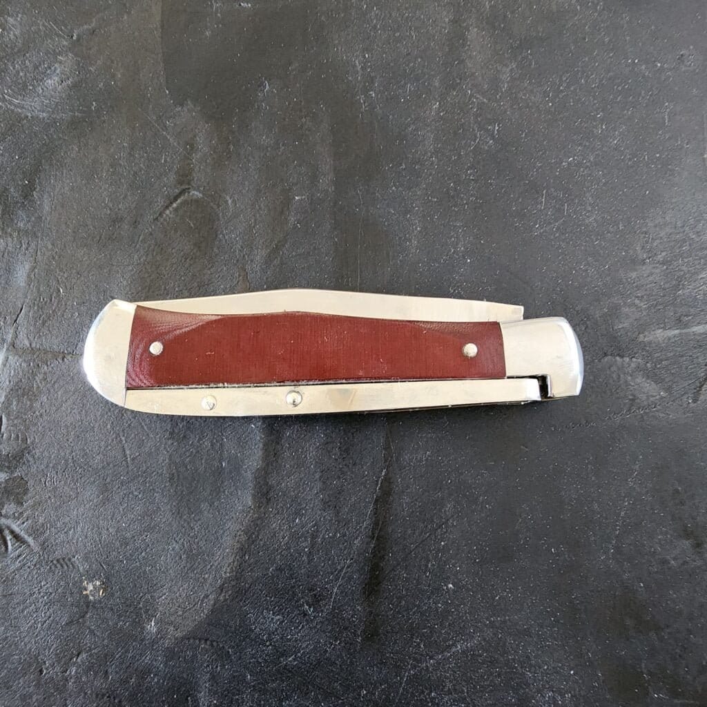 Schatt & Morgan Express in Red Linen Micarta Folding Knife with Push Button opening. – gallery image 3