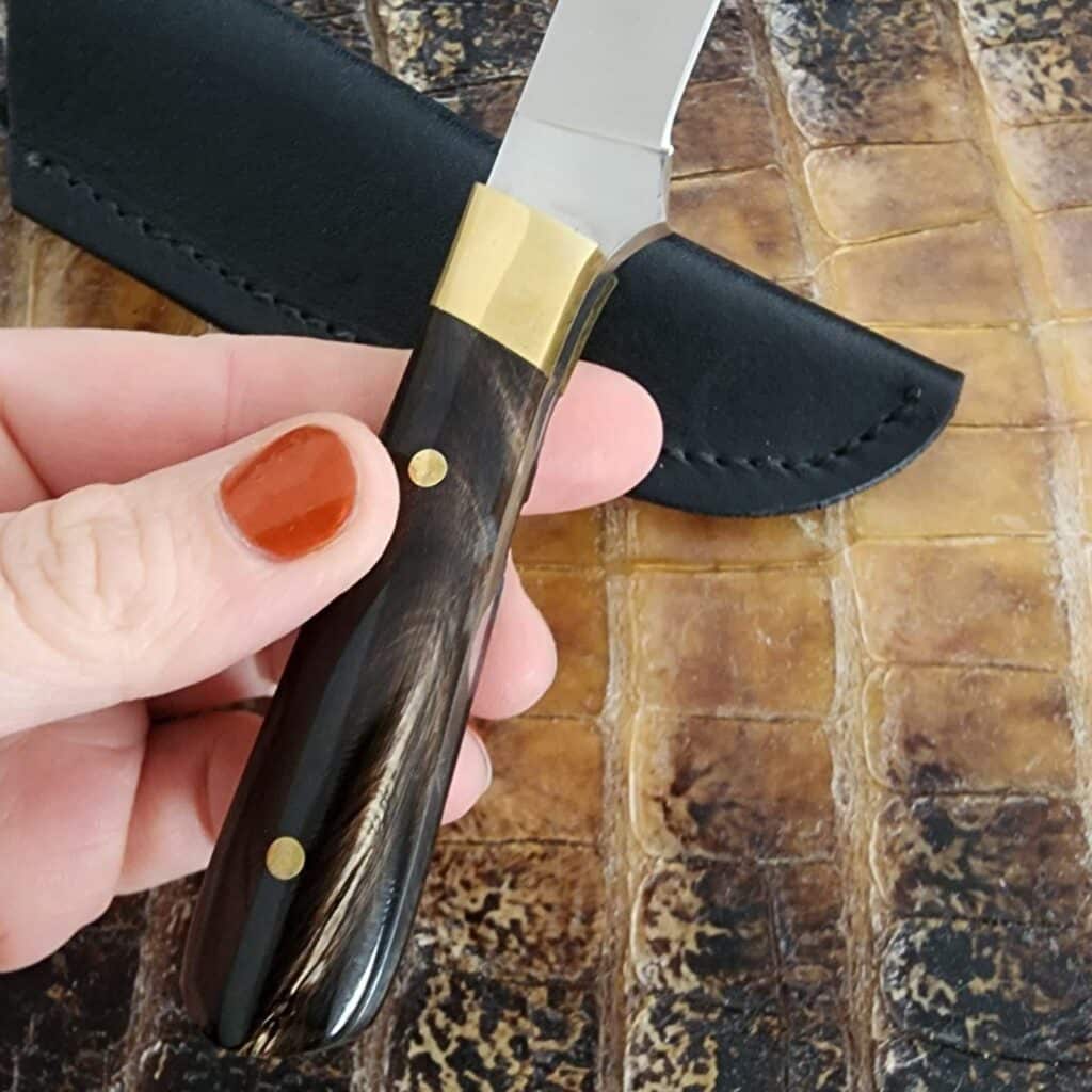 Jed Darby Custom 6" Sheath Knife with Brass Pins and Bolsters. Please note cracked scales seen on pictures. – gallery image 2