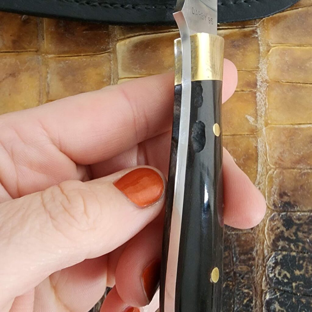 Jed Darby Custom 6" Sheath Knife with Brass Pins and Bolsters. Please note cracked scales seen on pictures. – gallery image 5