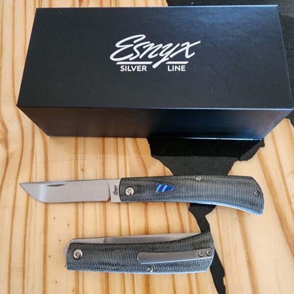 ESNYX Silver Line Workhorse Front Flipper Black Canvas Micarta Mokuti Shield Bead Blasted Clip ESN-WHFF-73 – gallery image 1