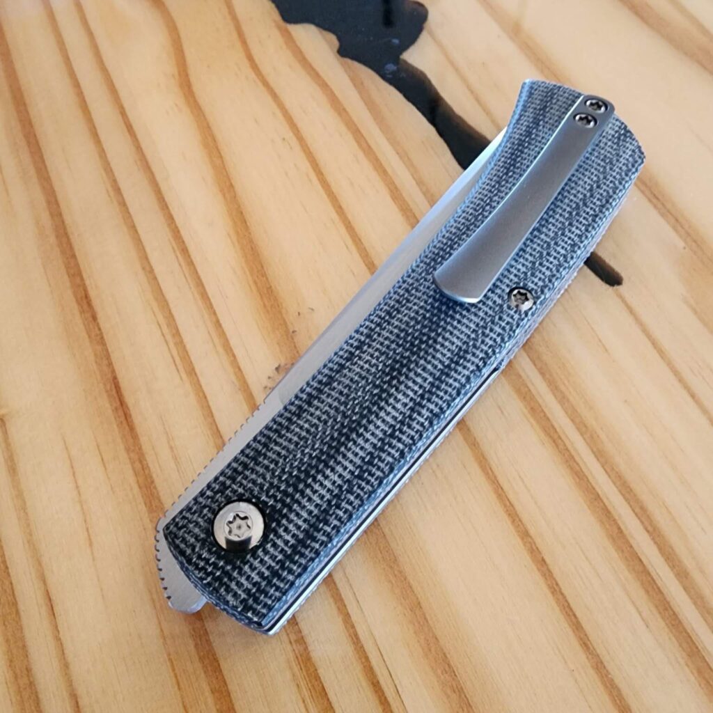 ESNYX Silver Line Workhorse Front Flipper Black Canvas Micarta Mokuti Shield Bead Blasted Clip ESN-WHFF-73 – gallery image 2