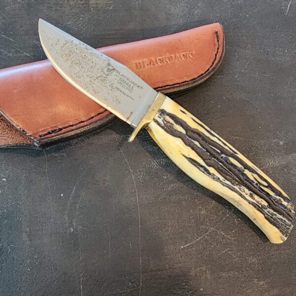 Black Jack Small Stag Fixed Blade With Leather Sheath, 1095 CYRO, USED – gallery image 1