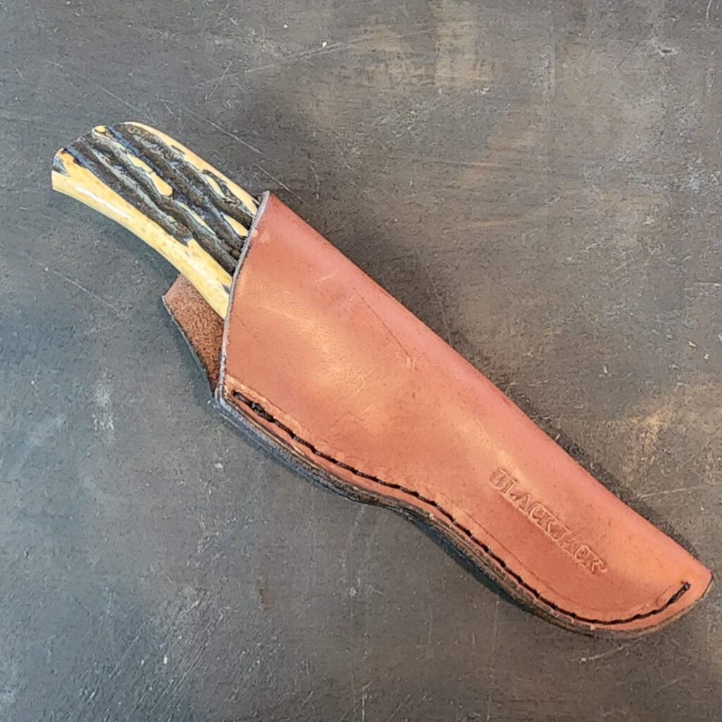 Black Jack Small Stag Fixed Blade With Leather Sheath, 1095 CYRO, USED – gallery image 2
