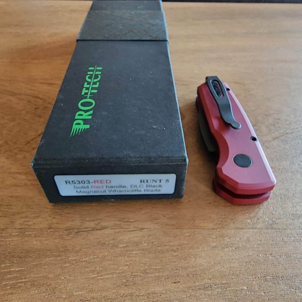 Protech r5303-red runt 5 Solid Red Handle, DLC Black Magnacut Wharncliffe Blade – gallery image 2