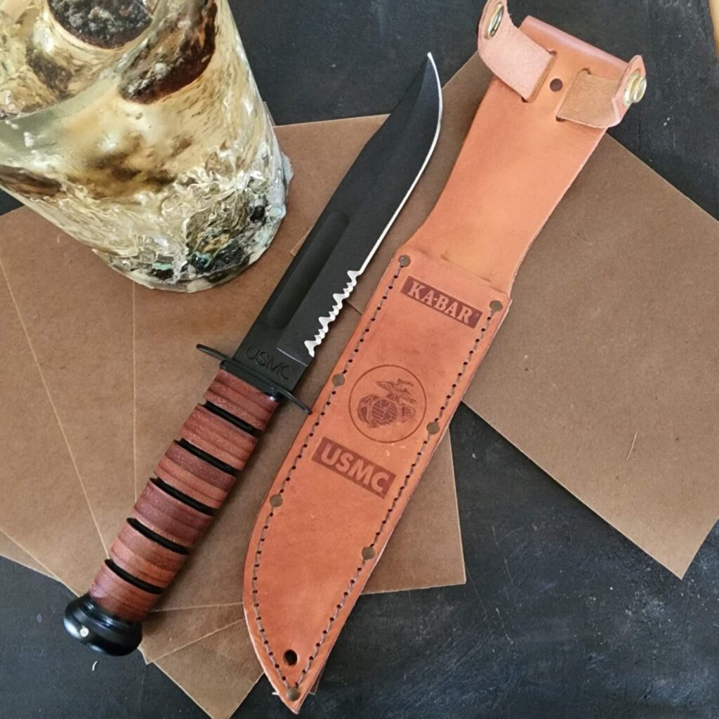 KaBar USMC 1218 Brown Stacked Leather, Partially Serrated – gallery image 3