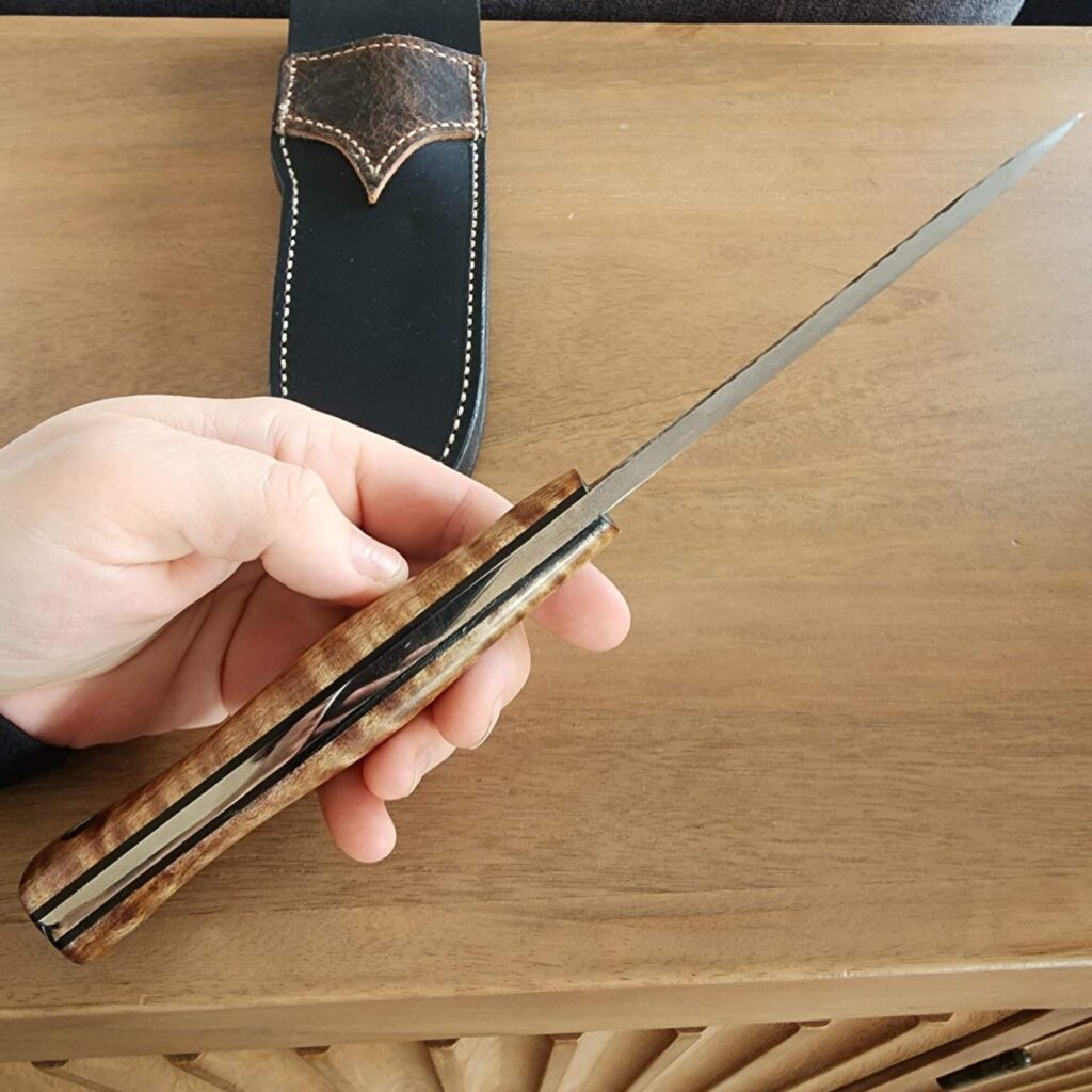 Lon Humphrey's Hand Forged Delta in 52100 and Dark Curly Maple with Black Liners – gallery image 4