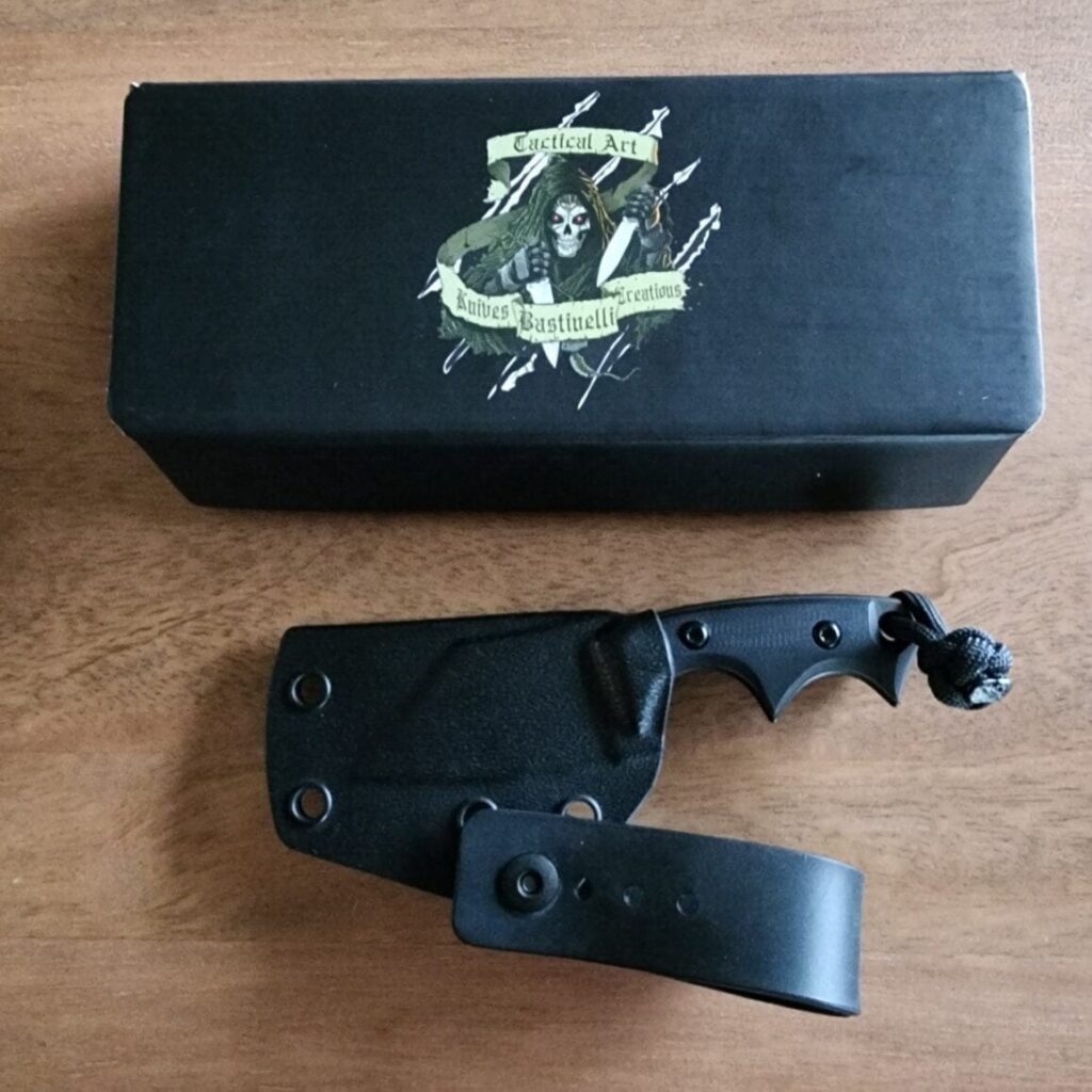 Bastinelli Creations BB Drago V2 Fixed 2" Black PVD N690CO Blade, Black G10 Handles, Kydex Sheath knife for sale