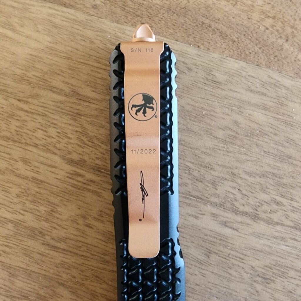 Microtech Ultratech Trigrip Copper Cerakote/Black DLC Tanto in M390 SN 116 USA Made 11/2022 – gallery image 4