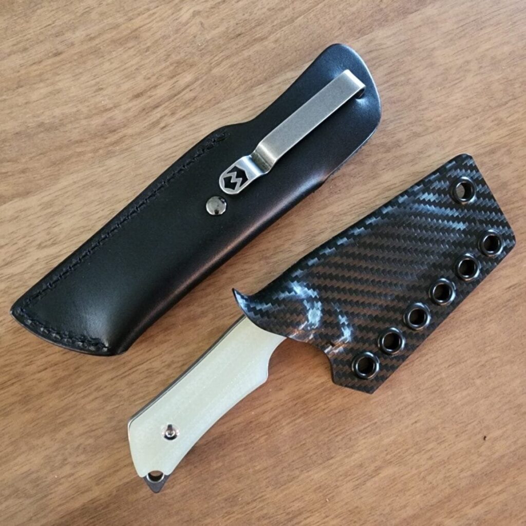 Mercury Knives Kali in N690Co w/ natural g10 handles. Includes leather pocket sheath & custom Armatas Carry Solutions Sheath in carbon fiber style kydex – gallery image 2