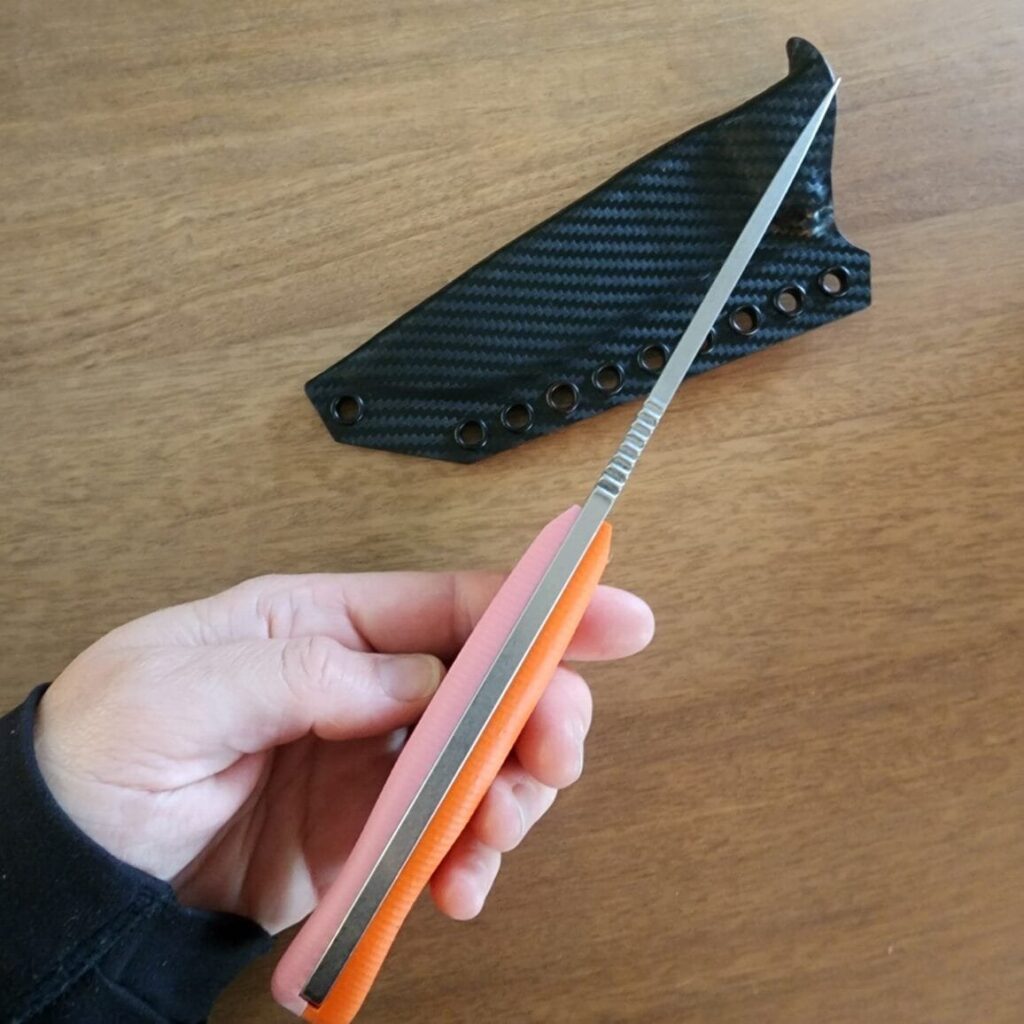 ESEE 4 in S35VN w/ 3 sets of g10 handles & hardware pink & orange. Custom Armatus Carry Solutions Sheath in carbon fiber style kydex included. knife for sale