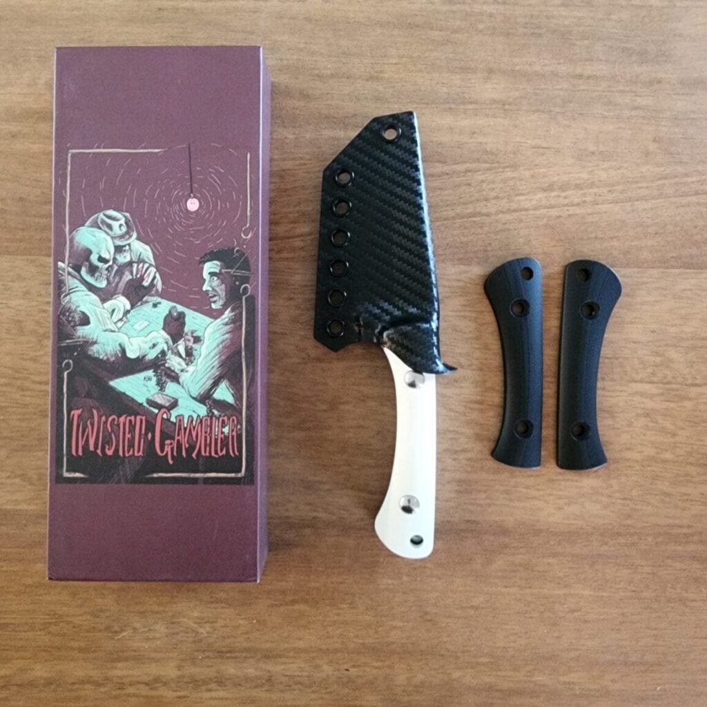 Twisted Assisted Gambler in S35VN w/ 2 sets of g10 handles (white & black) & Custom Armatus Carry Solutions Sheath in carbon fiber style kydex knife for sale
