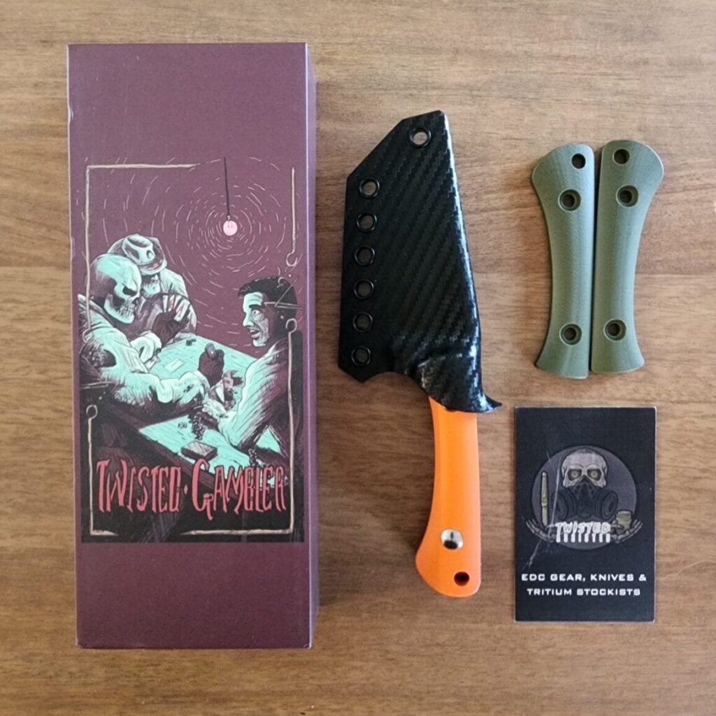 Twisted Assisted Gambler in 14C28N w/ 2 sets of g10 handles (OD green & orange) & Custom Armatus Carry Solutions Sheath in carbon fiber style kydex – gallery image 2