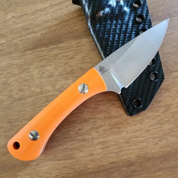 Twisted Assisted Gambler in 14C28N w/ 2 sets of g10 handles (OD green & orange) & Custom Armatus Carry Solutions Sheath in carbon fiber style kydex – gallery image 1