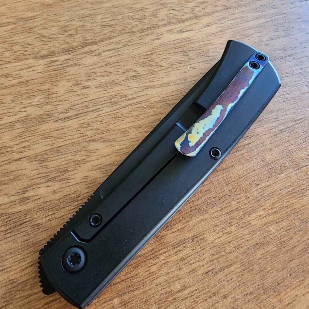 ESNYX Silver Line Workhorse Front Flipper Black Titanium and Mokuti Clip ESN-WHFF-77 knife for sale