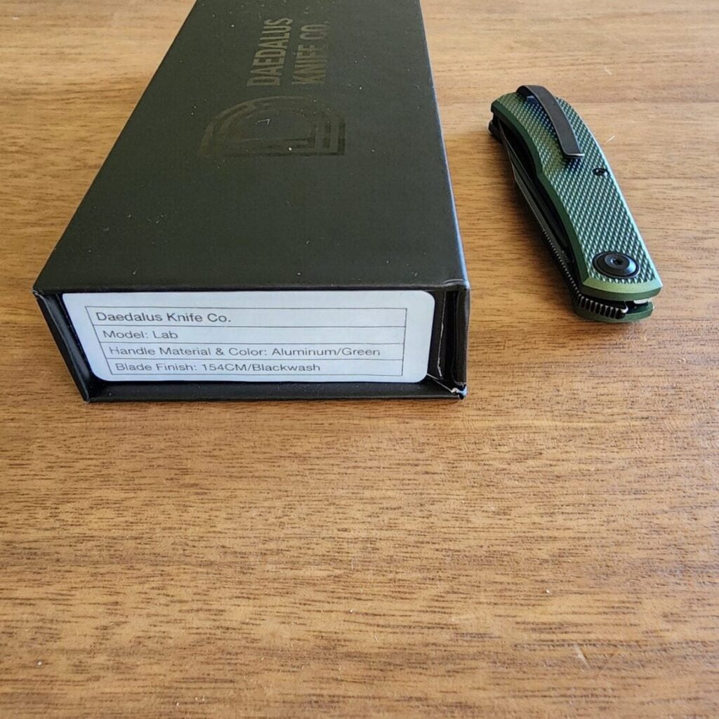 Daedalus Knife Co. "Lab" in Green Aluminum and 154 CM Blackwash knife for sale