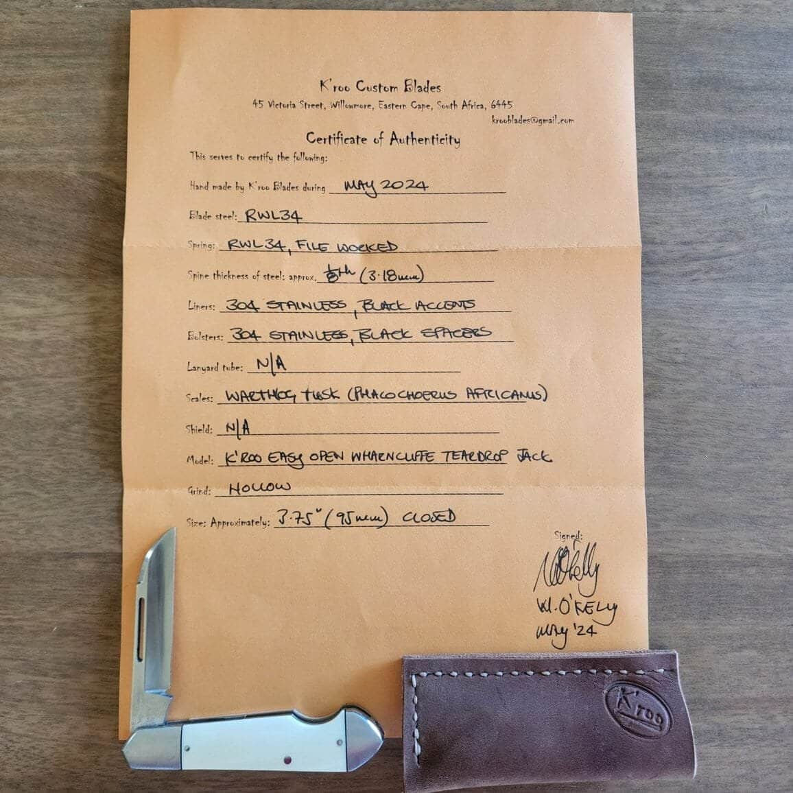K'Roo Custom Easy Open Wharncliffe Teardrop Jack in Warthog Tusk Created May 2024 by W. O'Kelly – gallery image 8