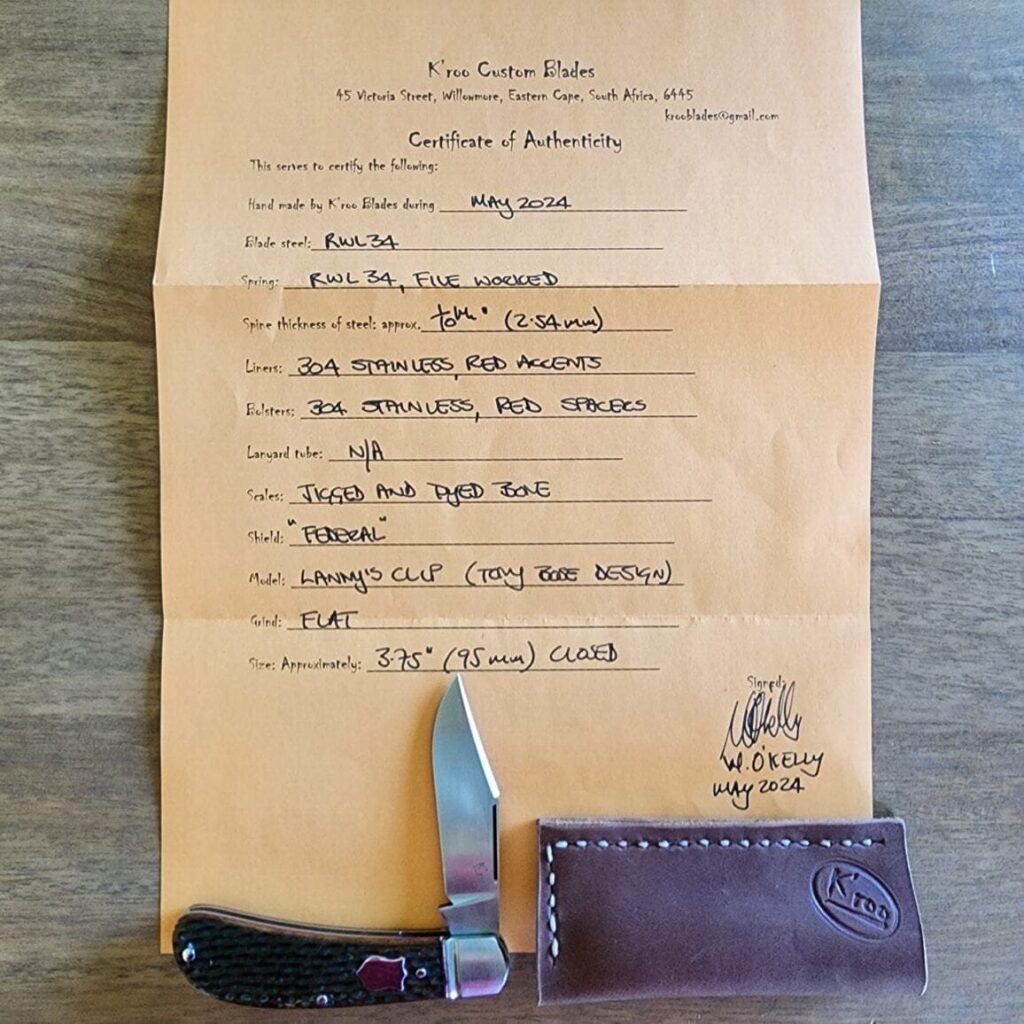 K'Roo Custom Lanny's Clip in Jigged & Dyed Bone Created May 2024 by W. O'Kelly knife for sale