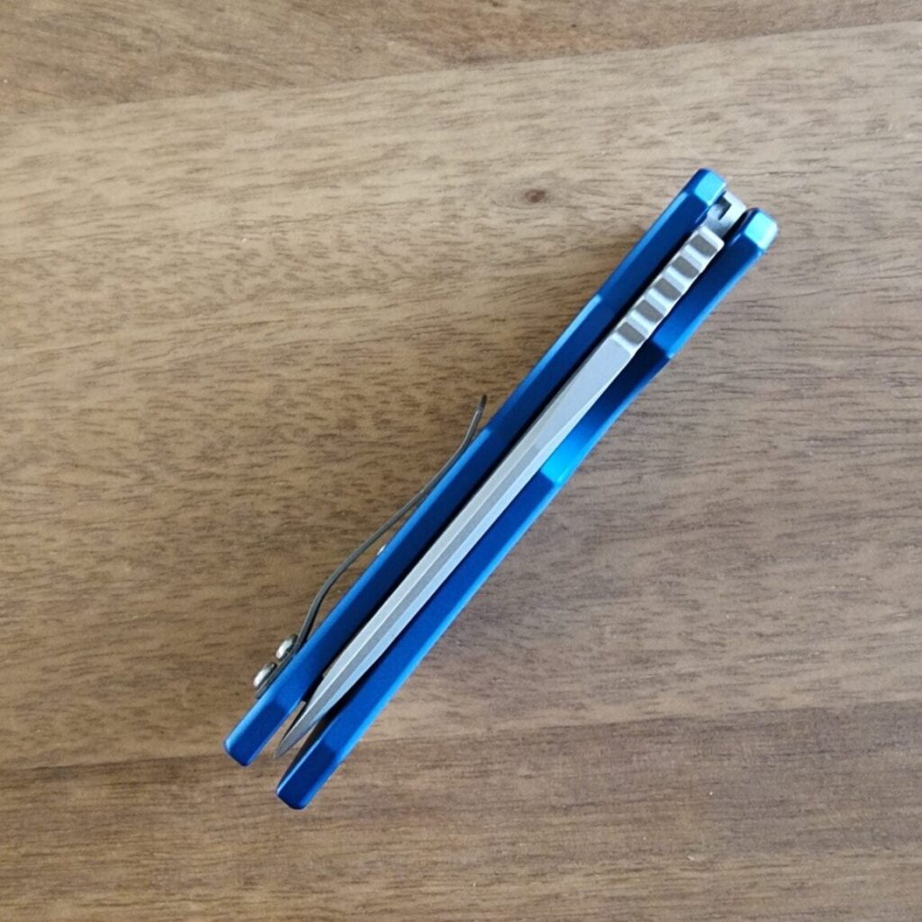 McNees PM Mac 2 3.5" Push Button Opening Knife in Blue Anodized Aluminum and MagnaCut Blade – gallery image 3