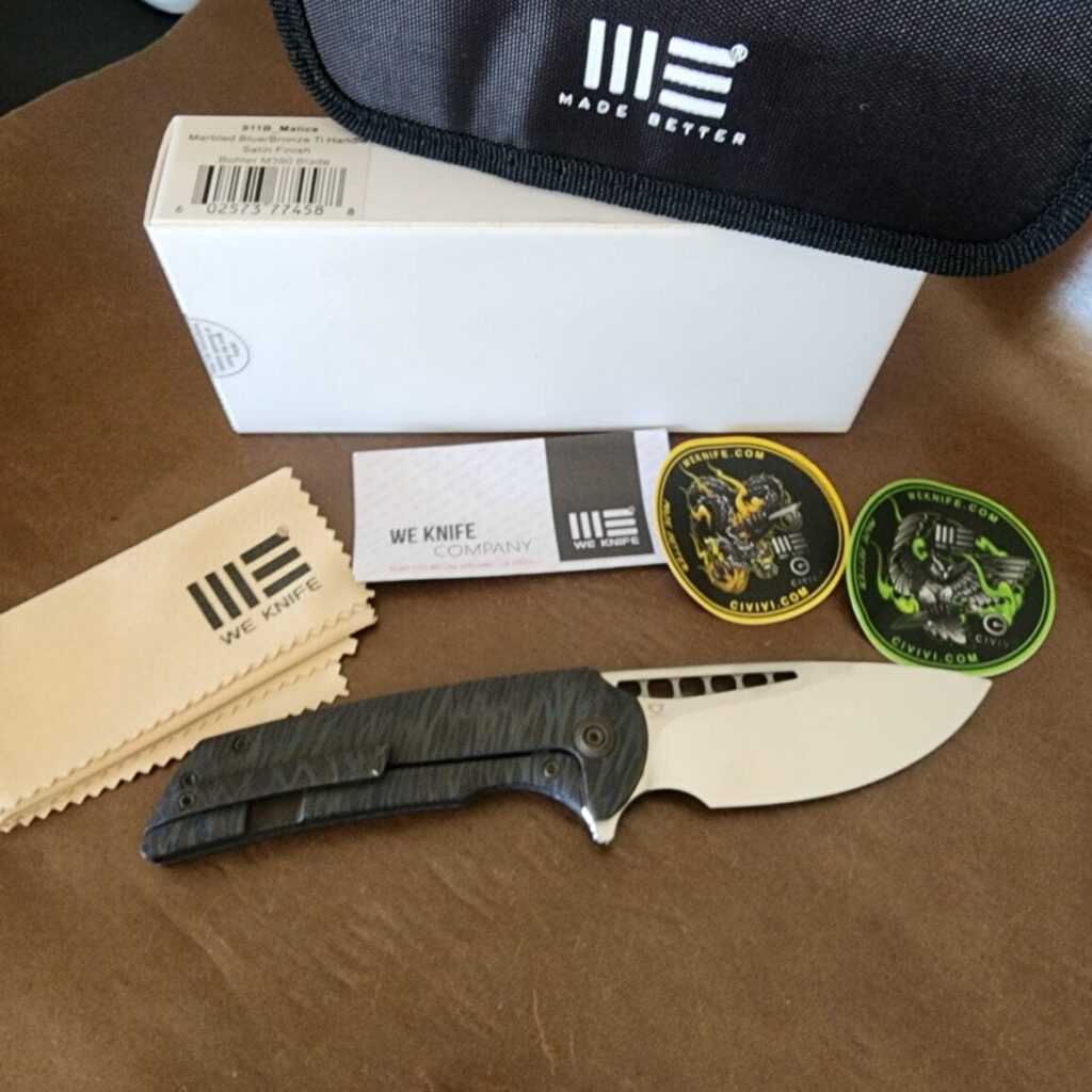 WE Knife Company 911B Malice in Marbled Blue/Bronze Titanium and Bohler M390 Satin – gallery image 5