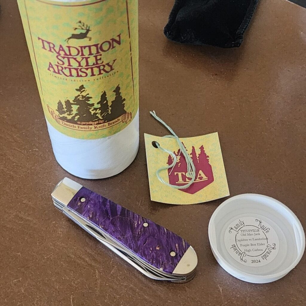 TSA Knives Exclusive Old Man Jack Caplifter w/ Lambsfoot Blade Purple Box Elder 1 of 2 by Daniels 07/2024 – gallery image 2