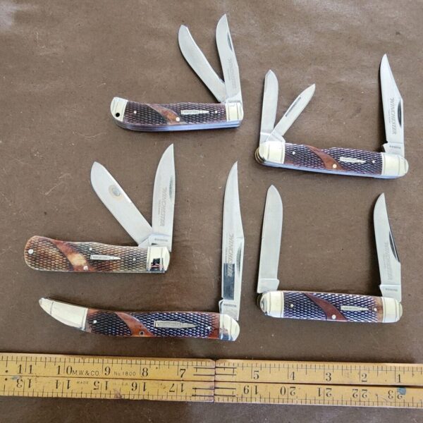 Limited Edition Winchester Collector's Edition Knife Set, Stainless steel blade with match strike pulls and brown checkered bone. (Set of 5) – gallery image 1