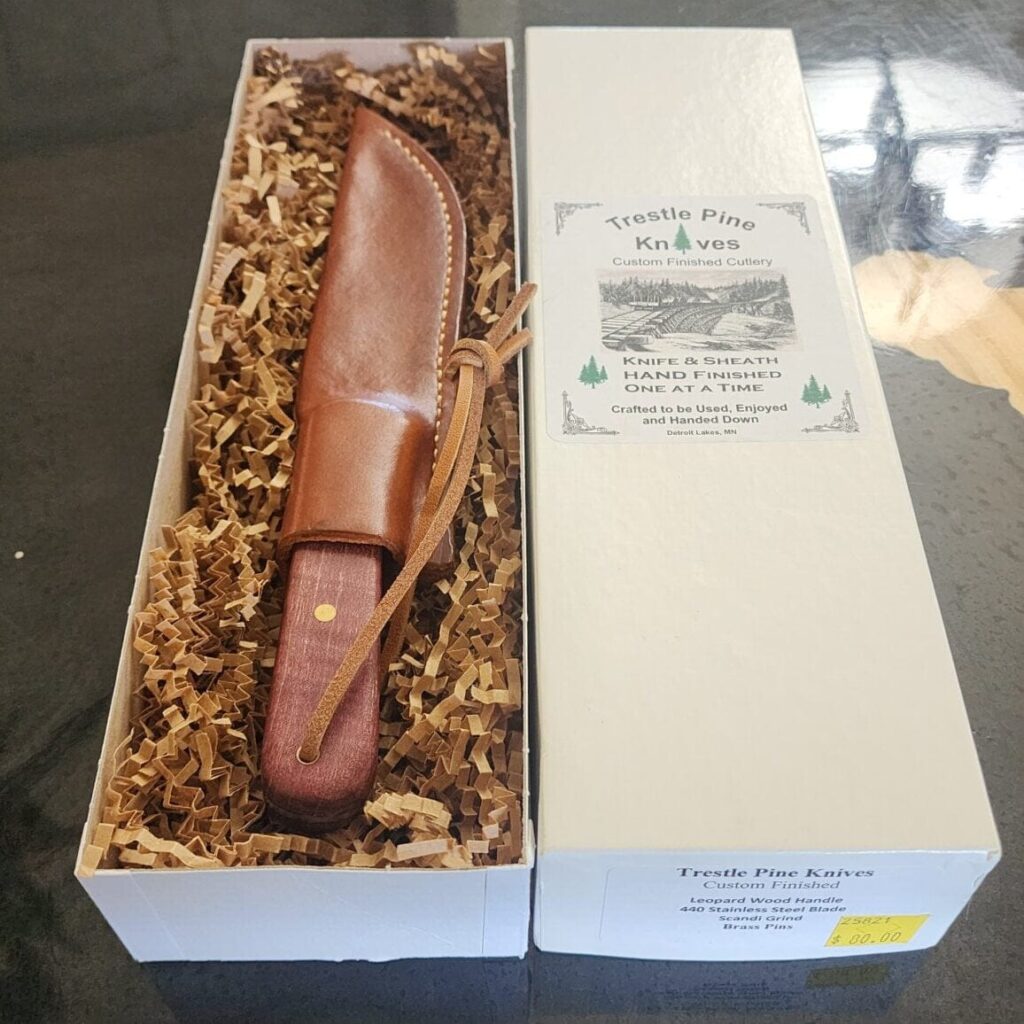 Trestle Pine Knives Custom Finished By G.Holmes in Leopard Wood and 440 SS Blade By Condor – gallery image 2